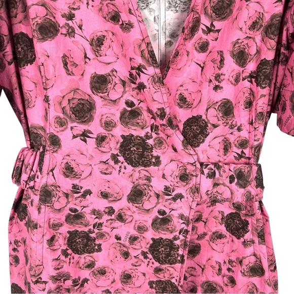 GANNI Rose Print Organic Cotton Pink & Black Rose Print Wrap Dress Size 6 - Picture 5 of 10